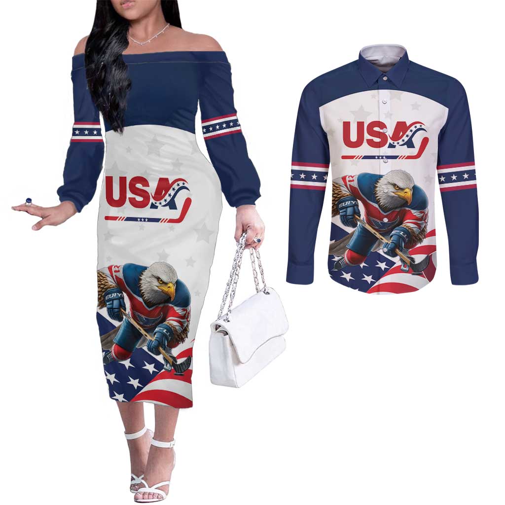 Custom USA Hockey Couples Matching Off The Shoulder Long Sleeve Dress and Long Sleeve Button Shirt Team USA Eagle Mascot