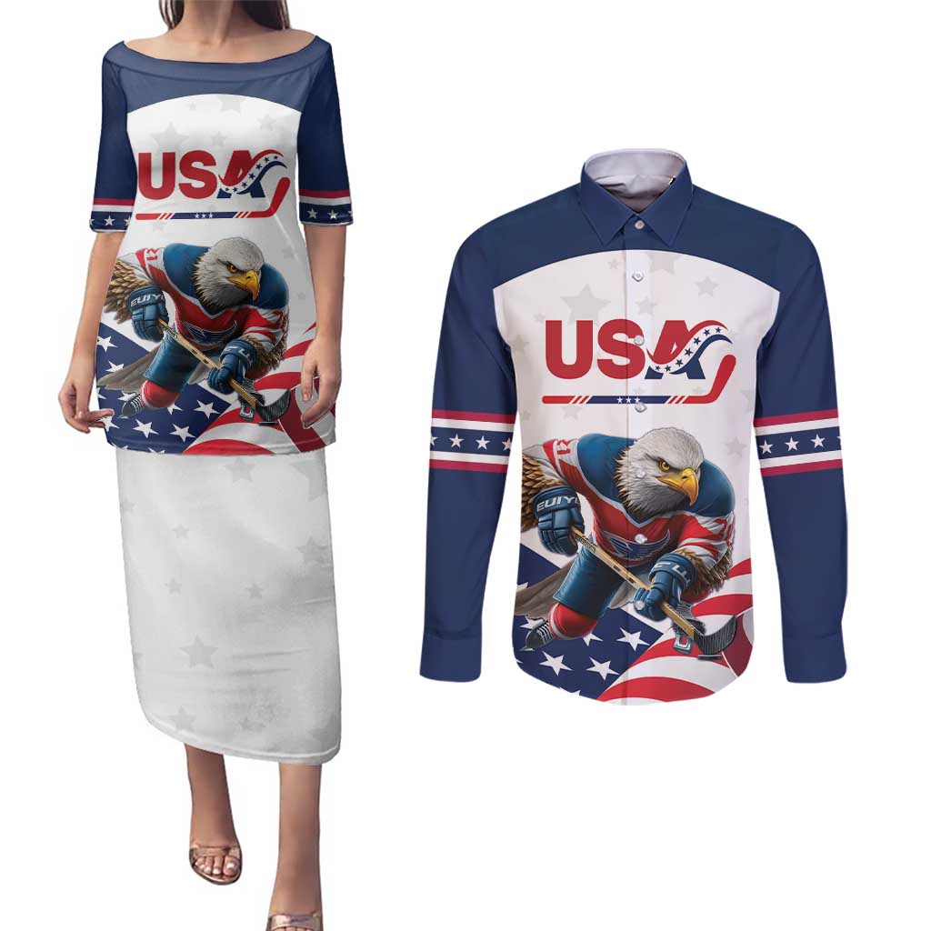 Custom USA Hockey Couples Matching Puletasi and Long Sleeve Button Shirt Team USA Eagle Mascot