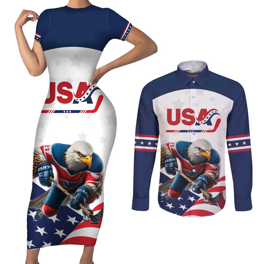 Custom USA Hockey Couples Matching Short Sleeve Bodycon Dress and Long Sleeve Button Shirt Team USA Eagle Mascot