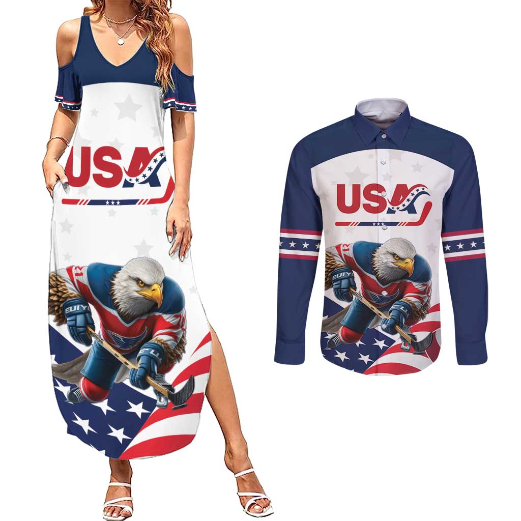 Custom USA Hockey Couples Matching Summer Maxi Dress and Long Sleeve Button Shirt Team USA Eagle Mascot