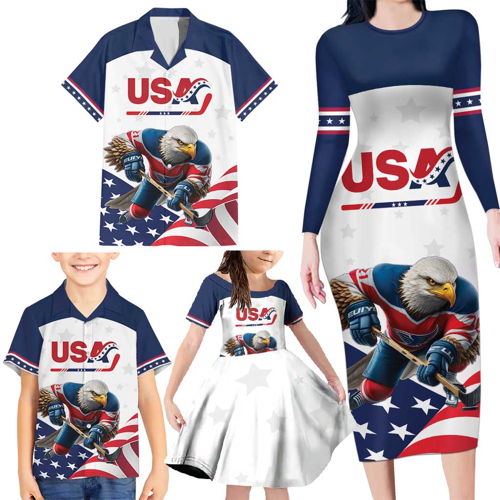 Custom USA Hockey Family Matching Long Sleeve Bodycon Dress and Hawaiian Shirt Team USA Eagle Mascot