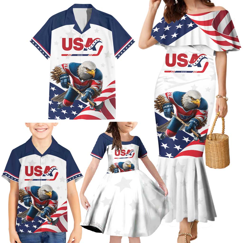 Custom USA Hockey Family Matching Mermaid Dress and Hawaiian Shirt Team USA Eagle Mascot