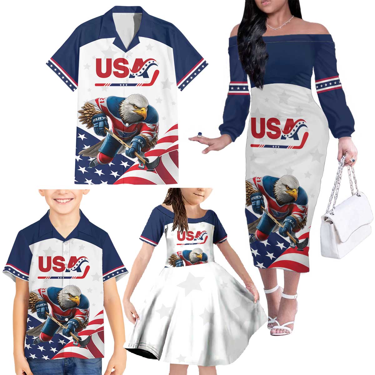 Custom USA Hockey Family Matching Off The Shoulder Long Sleeve Dress and Hawaiian Shirt Team USA Eagle Mascot