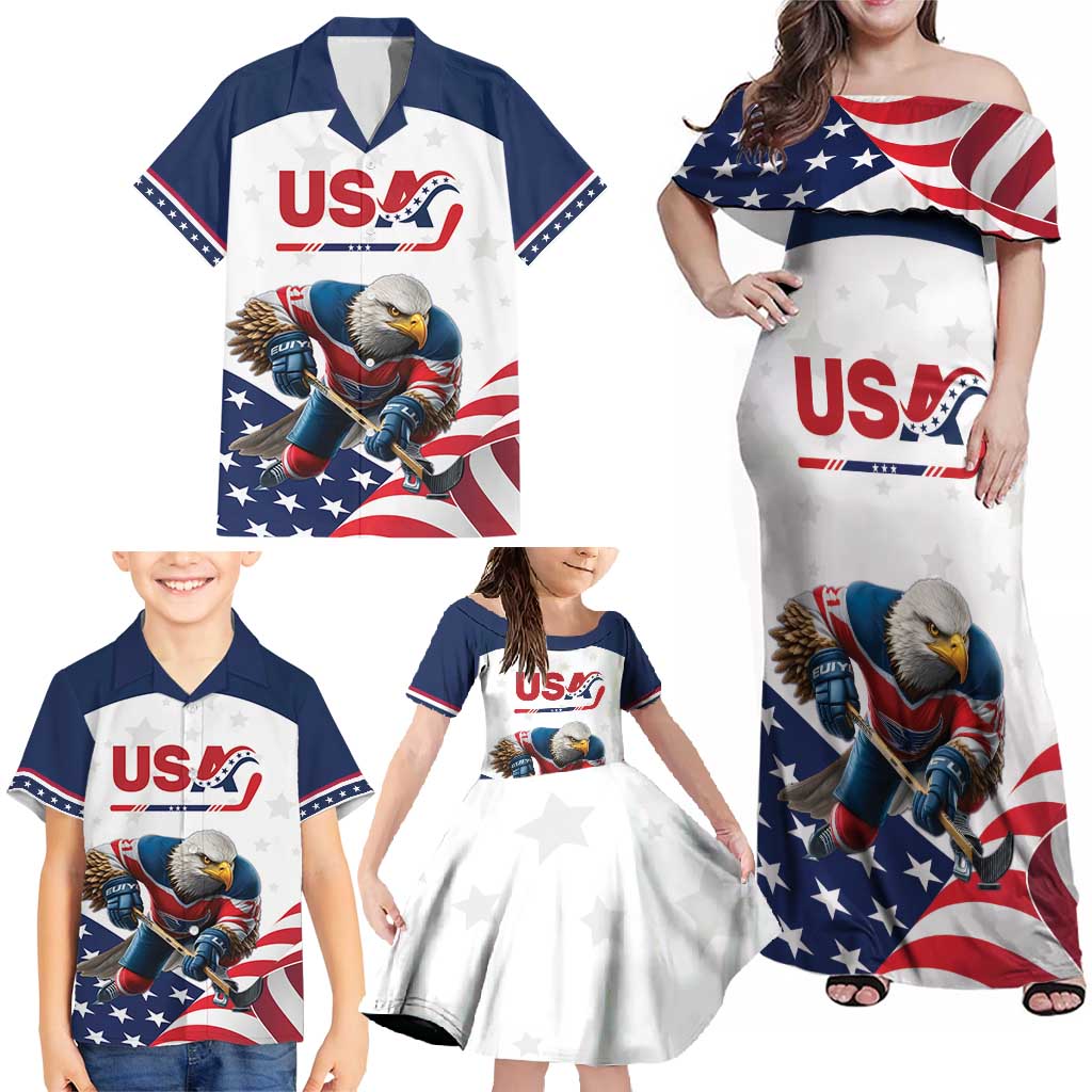 Custom USA Hockey Family Matching Off Shoulder Maxi Dress and Hawaiian Shirt Team USA Eagle Mascot