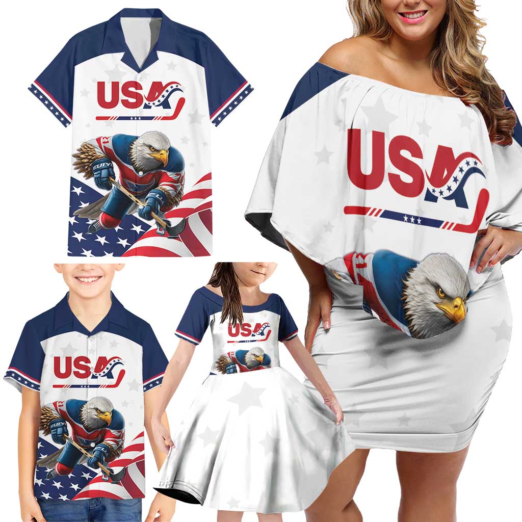 Custom USA Hockey Family Matching Off Shoulder Short Dress and Hawaiian Shirt Team USA Eagle Mascot