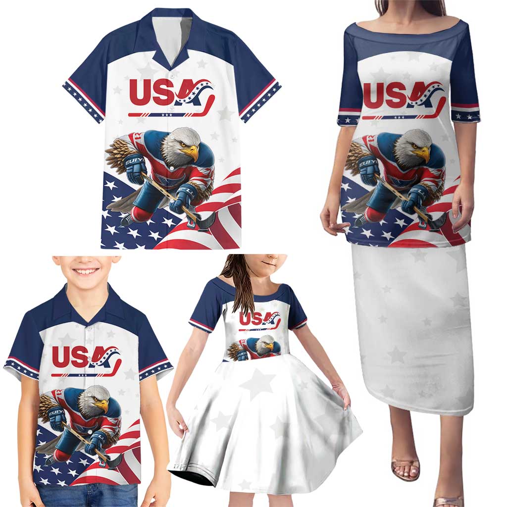 Custom USA Hockey Family Matching Puletasi and Hawaiian Shirt Team USA Eagle Mascot