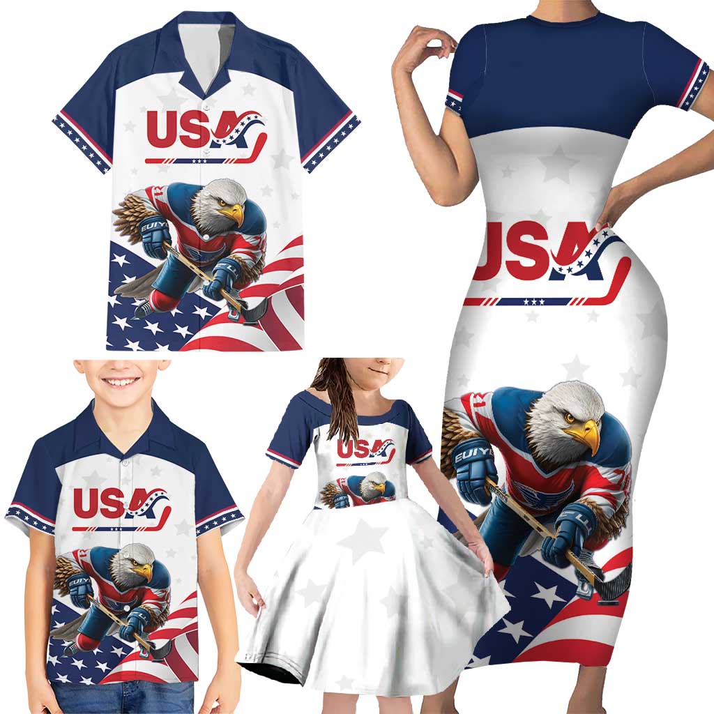 Custom USA Hockey Family Matching Short Sleeve Bodycon Dress and Hawaiian Shirt Team USA Eagle Mascot