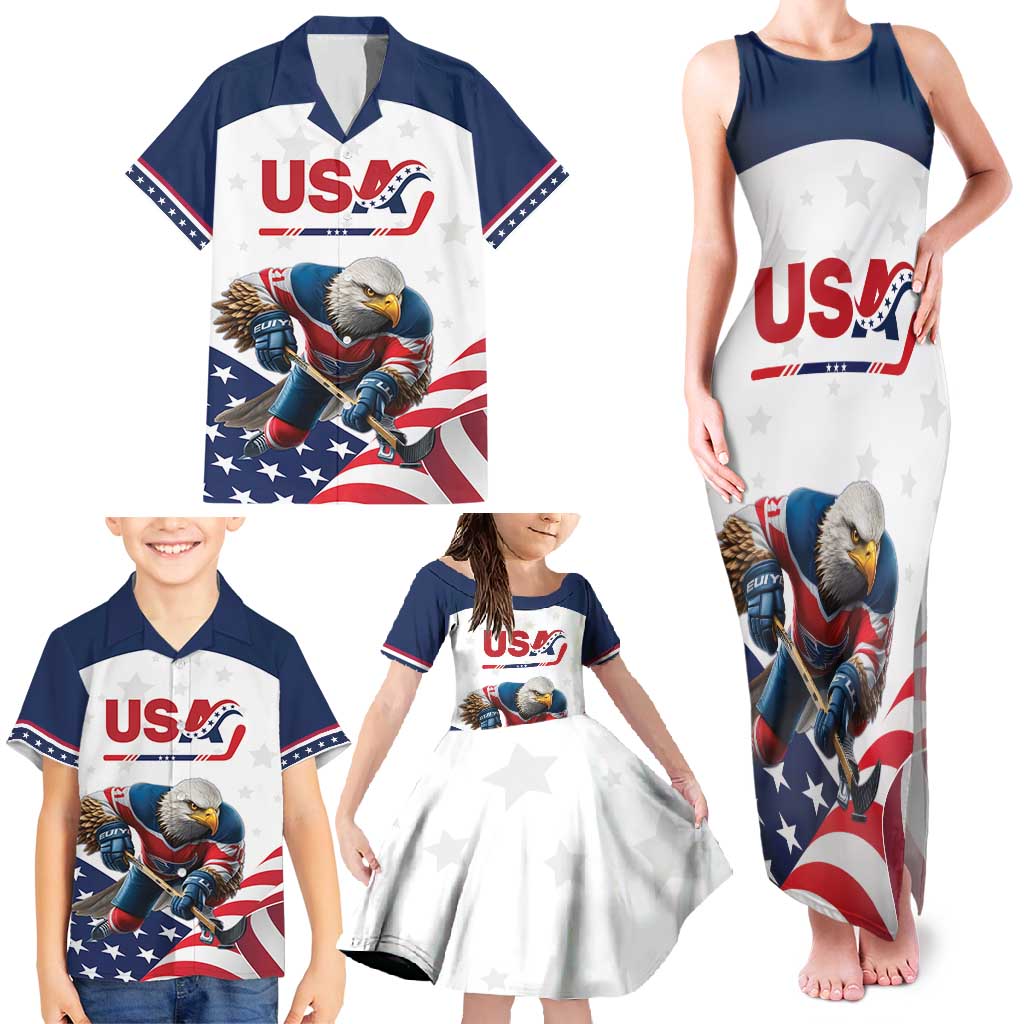 Custom USA Hockey Family Matching Tank Maxi Dress and Hawaiian Shirt Team USA Eagle Mascot