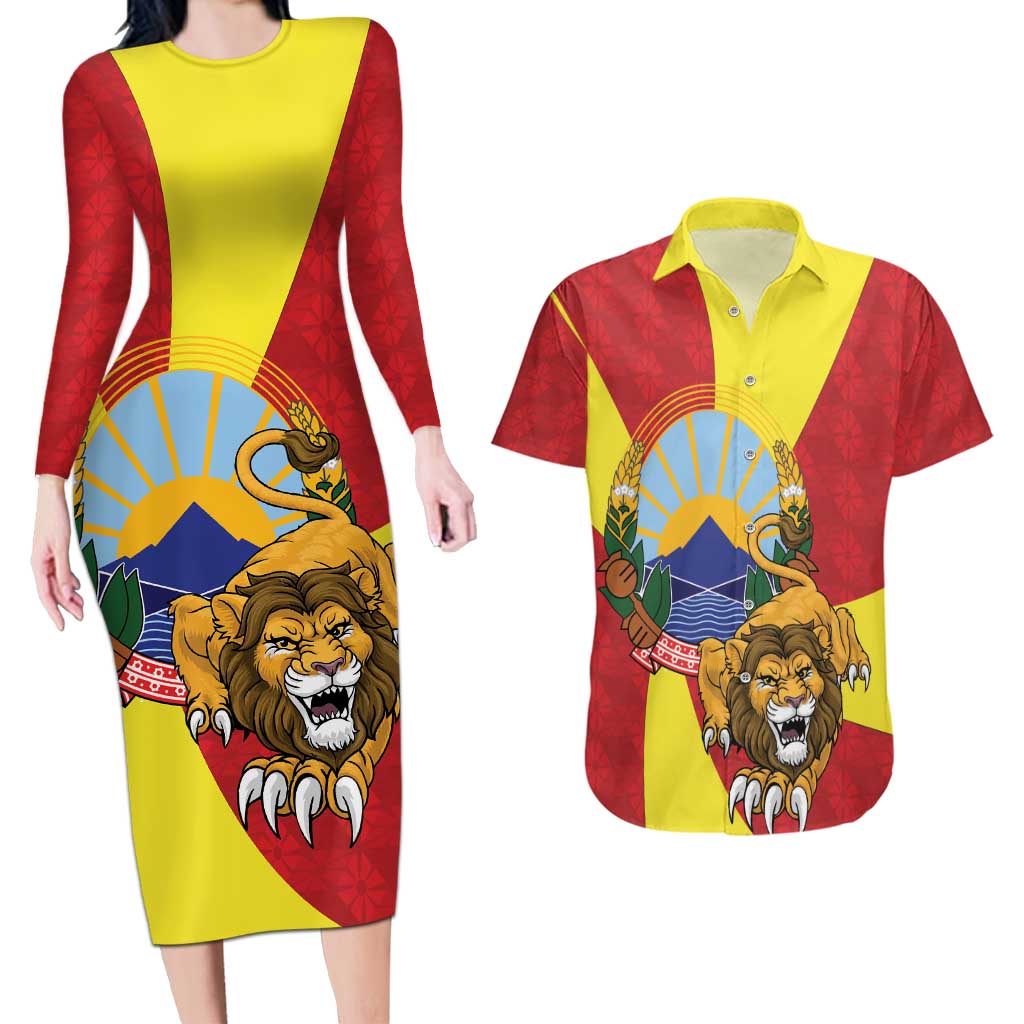 Personalized North Macedonia Couples Matching Long Sleeve Bodycon Dress and Hawaiian Shirt Lion With National emblem