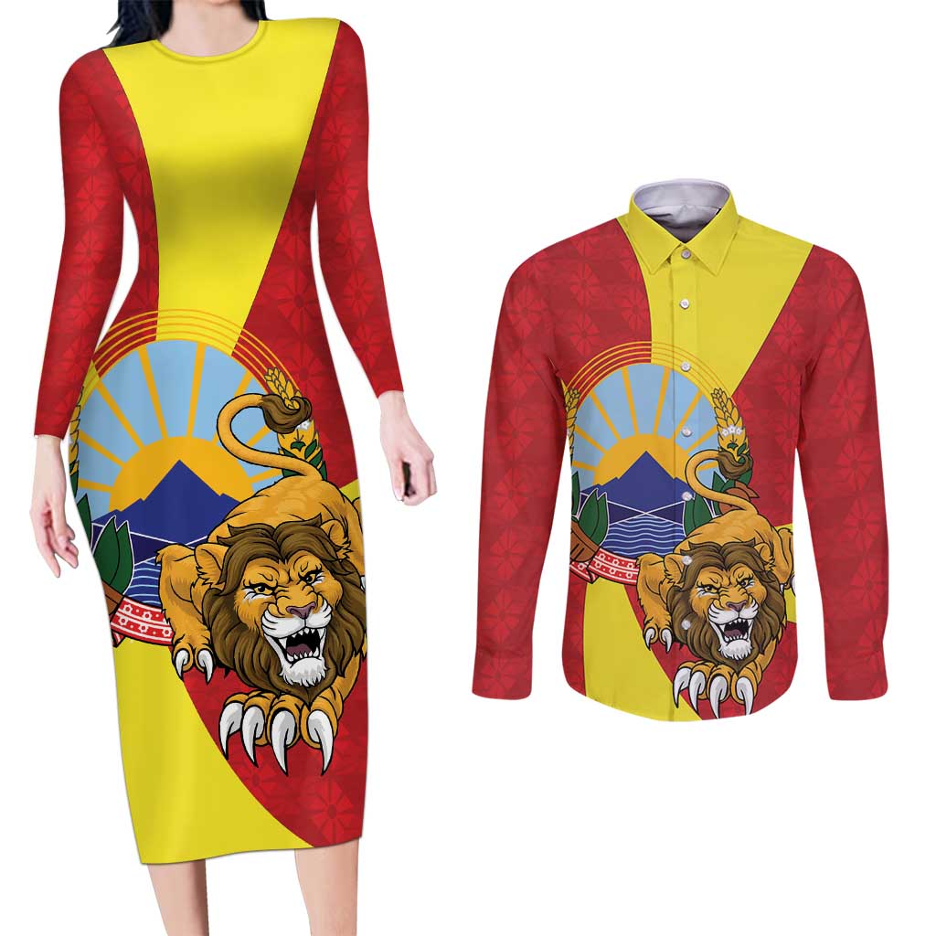 Personalized North Macedonia Couples Matching Long Sleeve Bodycon Dress and Long Sleeve Button Shirt Lion With National emblem