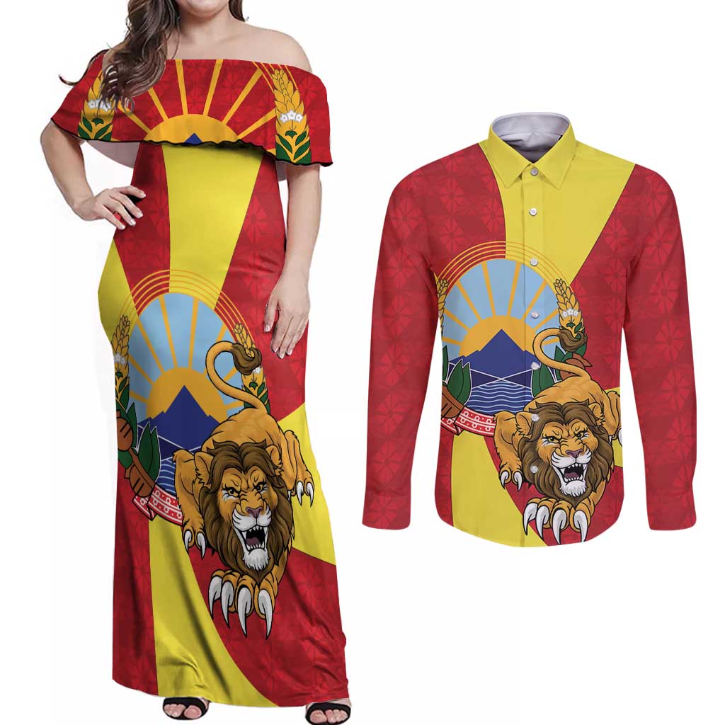 Personalized North Macedonia Couples Matching Off Shoulder Maxi Dress and Long Sleeve Button Shirt Lion With National emblem