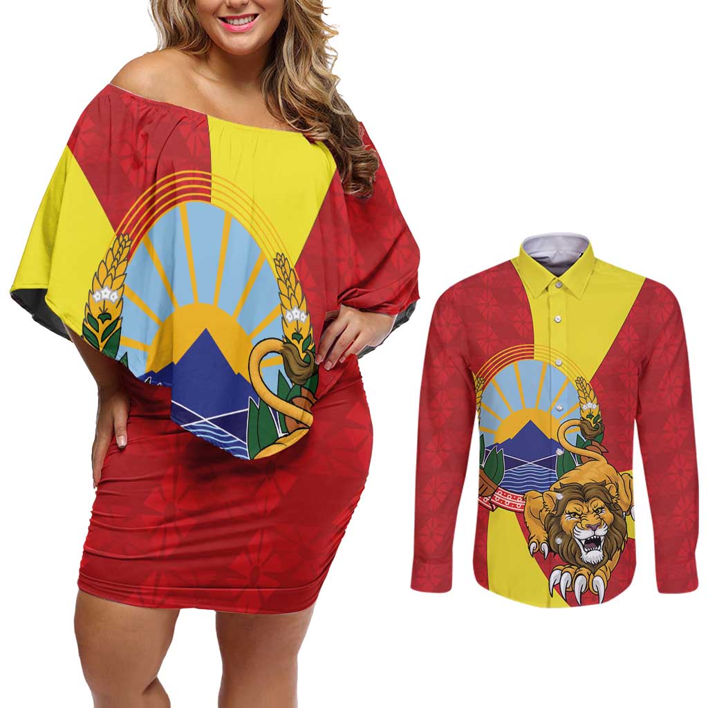 Personalized North Macedonia Couples Matching Off Shoulder Short Dress and Long Sleeve Button Shirt Lion With National emblem