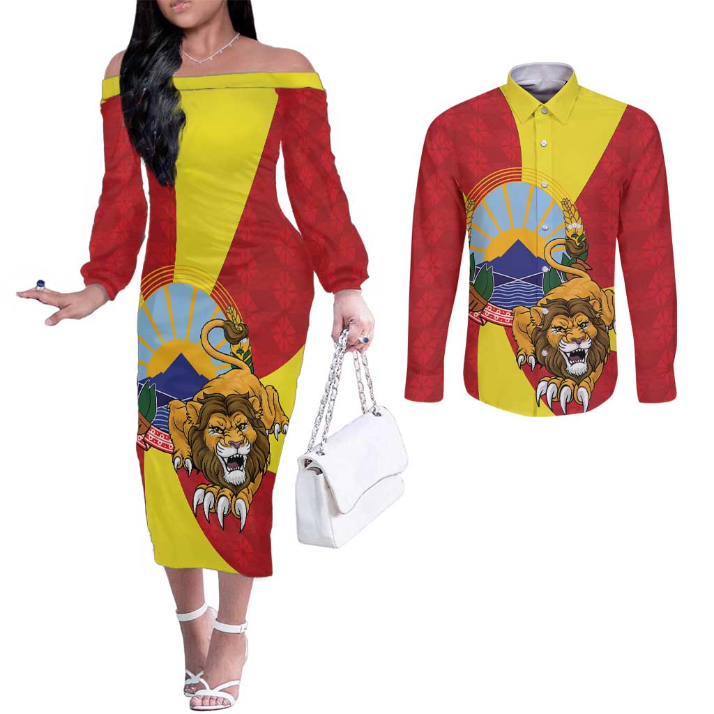 Personalized North Macedonia Couples Matching Off The Shoulder Long Sleeve Dress and Long Sleeve Button Shirt Lion With National emblem