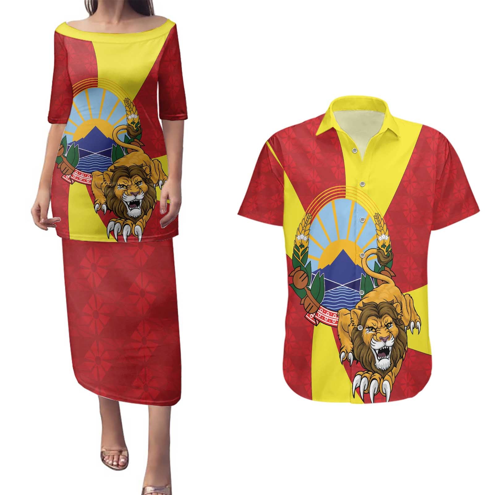 Personalized North Macedonia Couples Matching Puletasi and Hawaiian Shirt Lion With National emblem