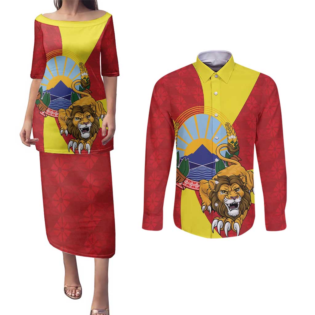 Personalized North Macedonia Couples Matching Puletasi and Long Sleeve Button Shirt Lion With National emblem