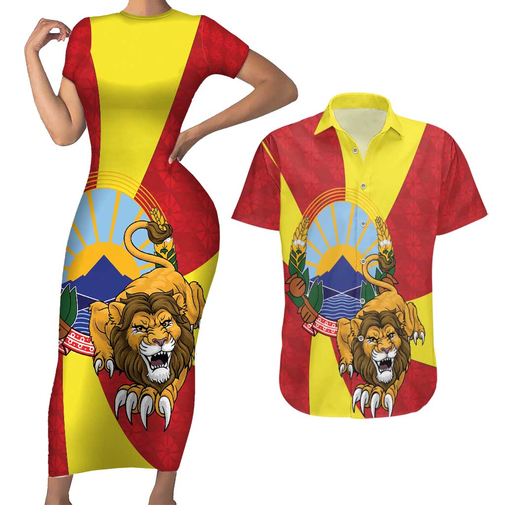 Personalized North Macedonia Couples Matching Short Sleeve Bodycon Dress and Hawaiian Shirt Lion With National emblem