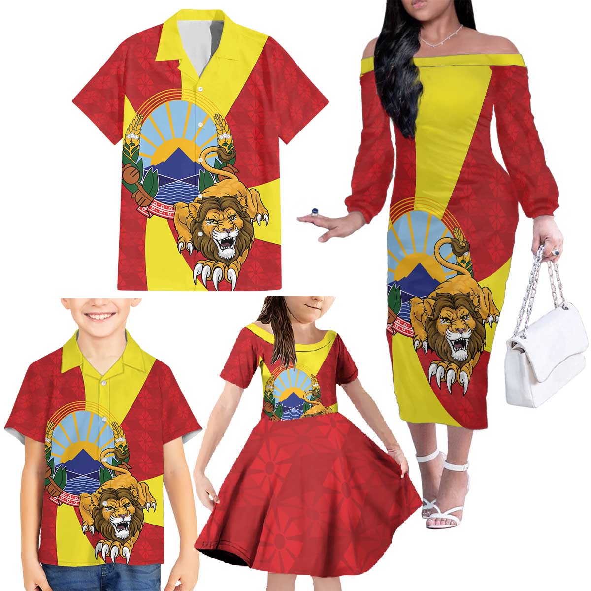 Personalized North Macedonia Family Matching Off The Shoulder Long Sleeve Dress and Hawaiian Shirt Lion With National emblem