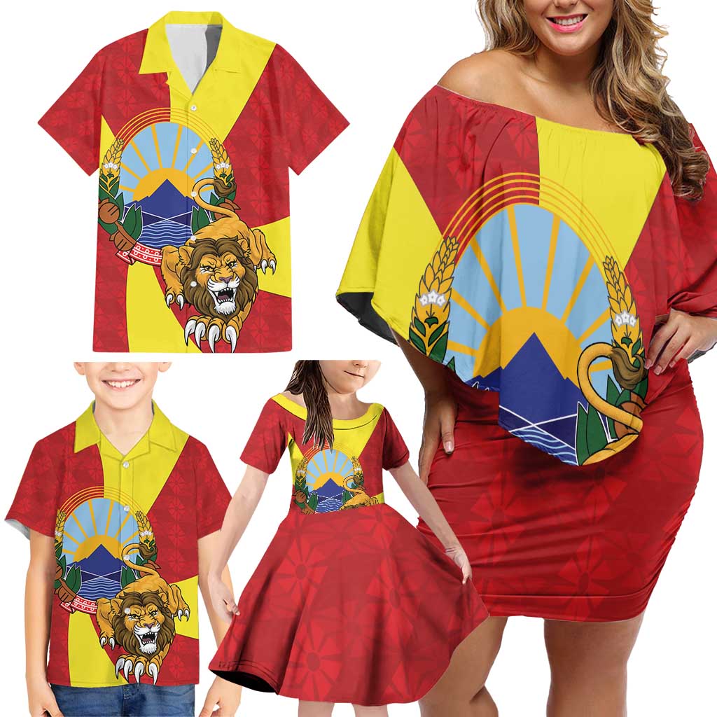 Personalized North Macedonia Family Matching Off Shoulder Short Dress and Hawaiian Shirt Lion With National emblem