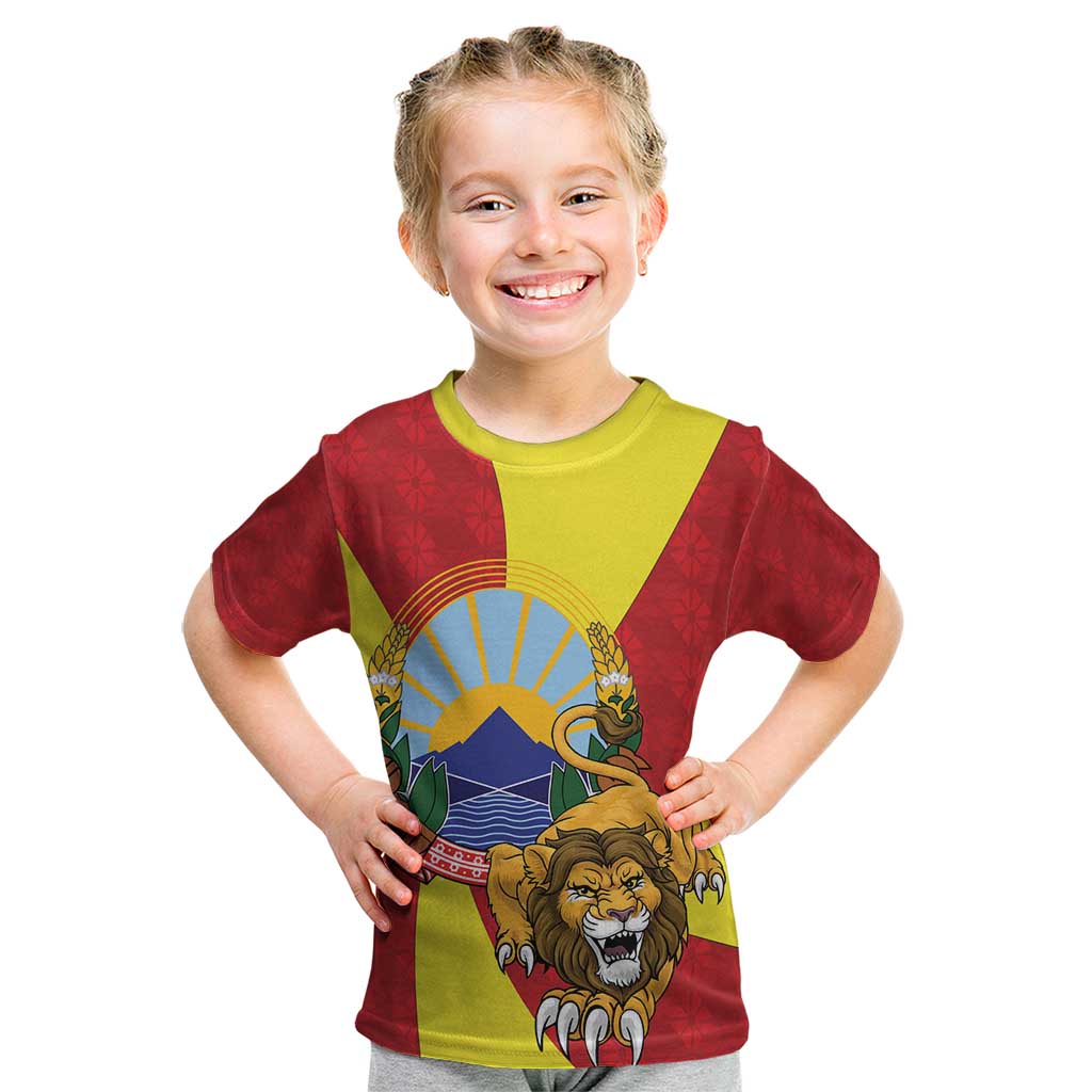 Personalized North Macedonia Kid T Shirt Lion With National emblem