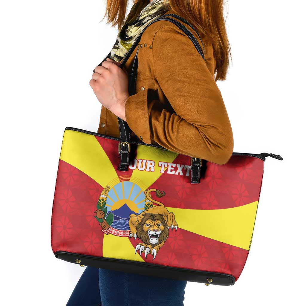 Personalized North Macedonia Leather Tote Bag Lion With National emblem