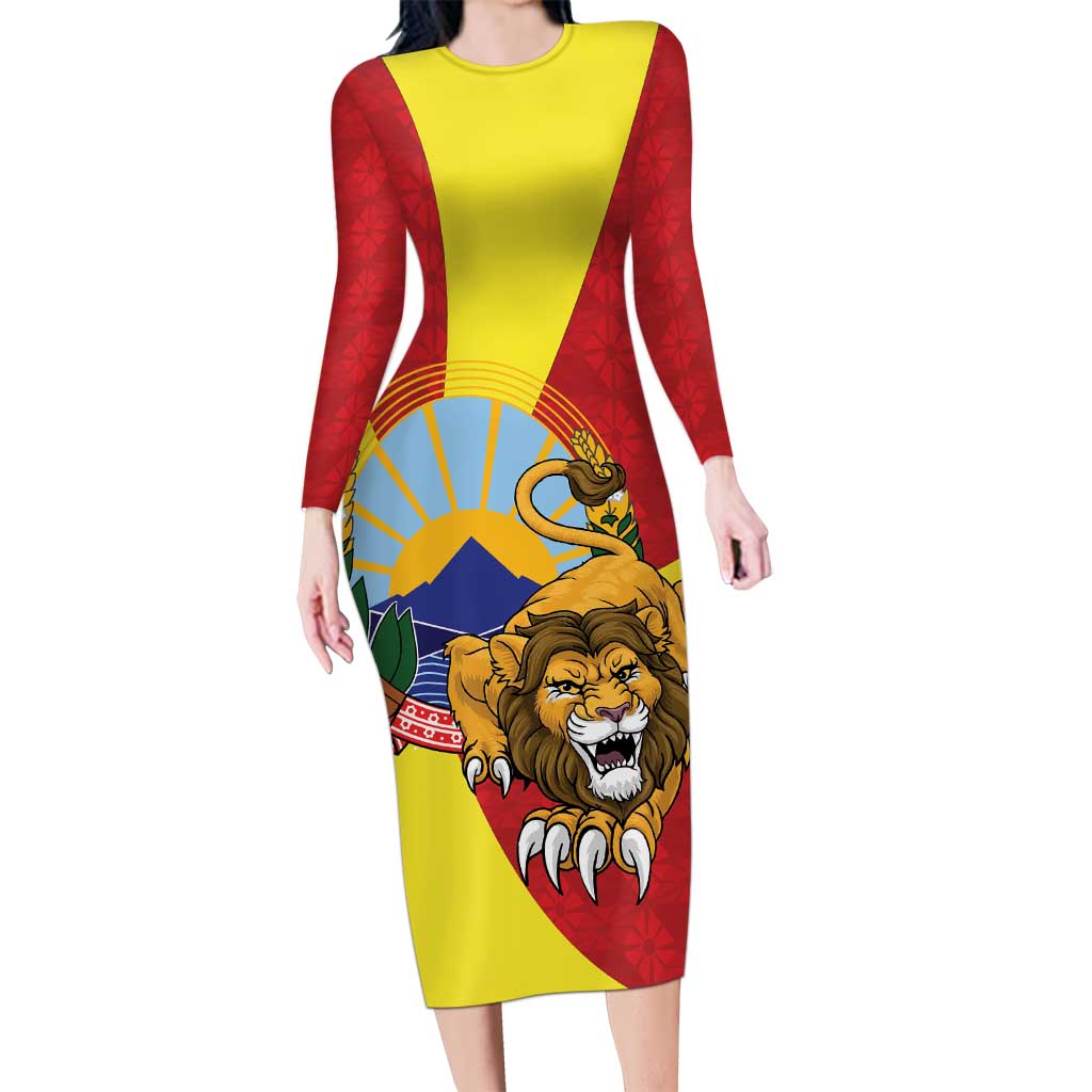 Personalized North Macedonia Long Sleeve Bodycon Dress Lion With National emblem