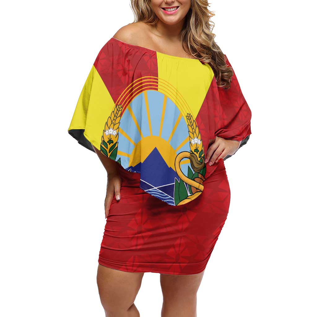 Personalized North Macedonia Off Shoulder Short Dress Lion With National emblem