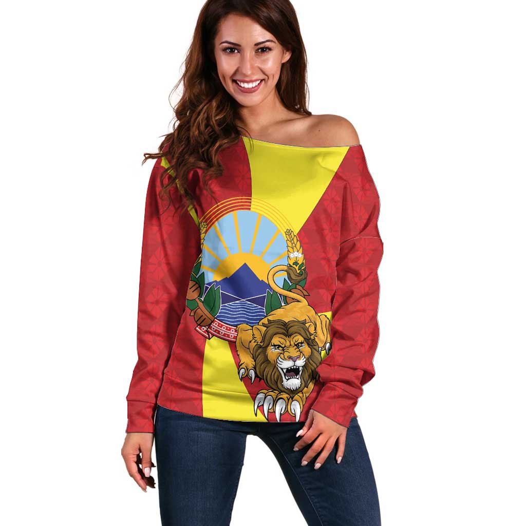 Personalized North Macedonia Off Shoulder Sweater Lion With National emblem