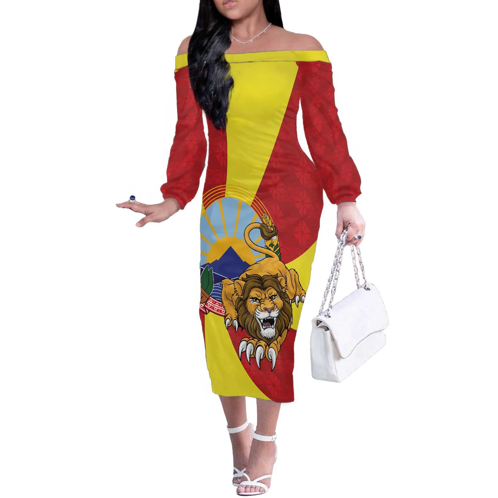 Personalized North Macedonia Off The Shoulder Long Sleeve Dress Lion With National emblem