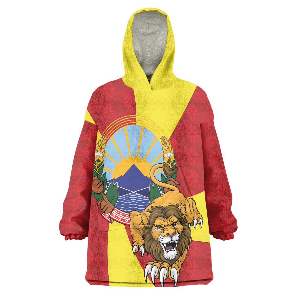 Personalized North Macedonia Wearable Blanket Hoodie Lion With National emblem