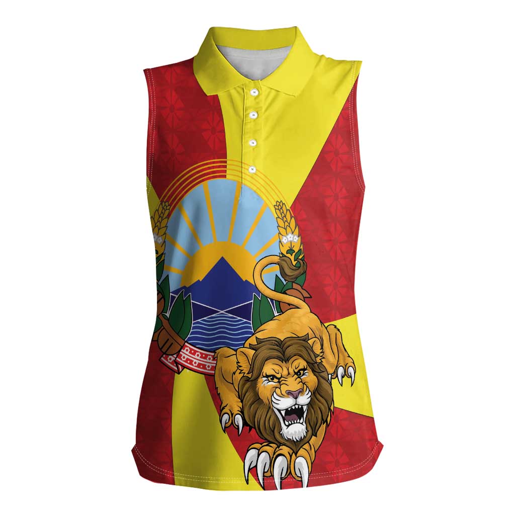 Personalized North Macedonia Women Sleeveless Polo Shirt Lion With National emblem