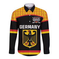 Germany hockey button shirt, black with red yellow panels and eagle crest on front
