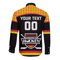 Germany hockey button shirt back, black with yellow red stripes and centered custom text 00
