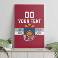Red Latvia hockey canvas wall art with '00' and 'YOUR TEXT' and Latvia crest in stripe.