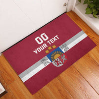 Red rubber doormat with custom message, stars and Latvian coat of arms