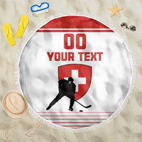 Red and white Switzerland hockey beach blanket with fringed edge and shield graphic