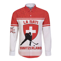 Red and white long-sleeve button hockey shirt with Switzerland crest and player graphic