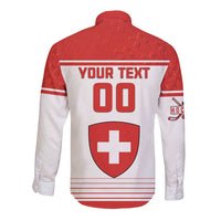 Red and white long-sleeve button hockey shirt, back shows YOUR TEXT 00 and Switzerland crest