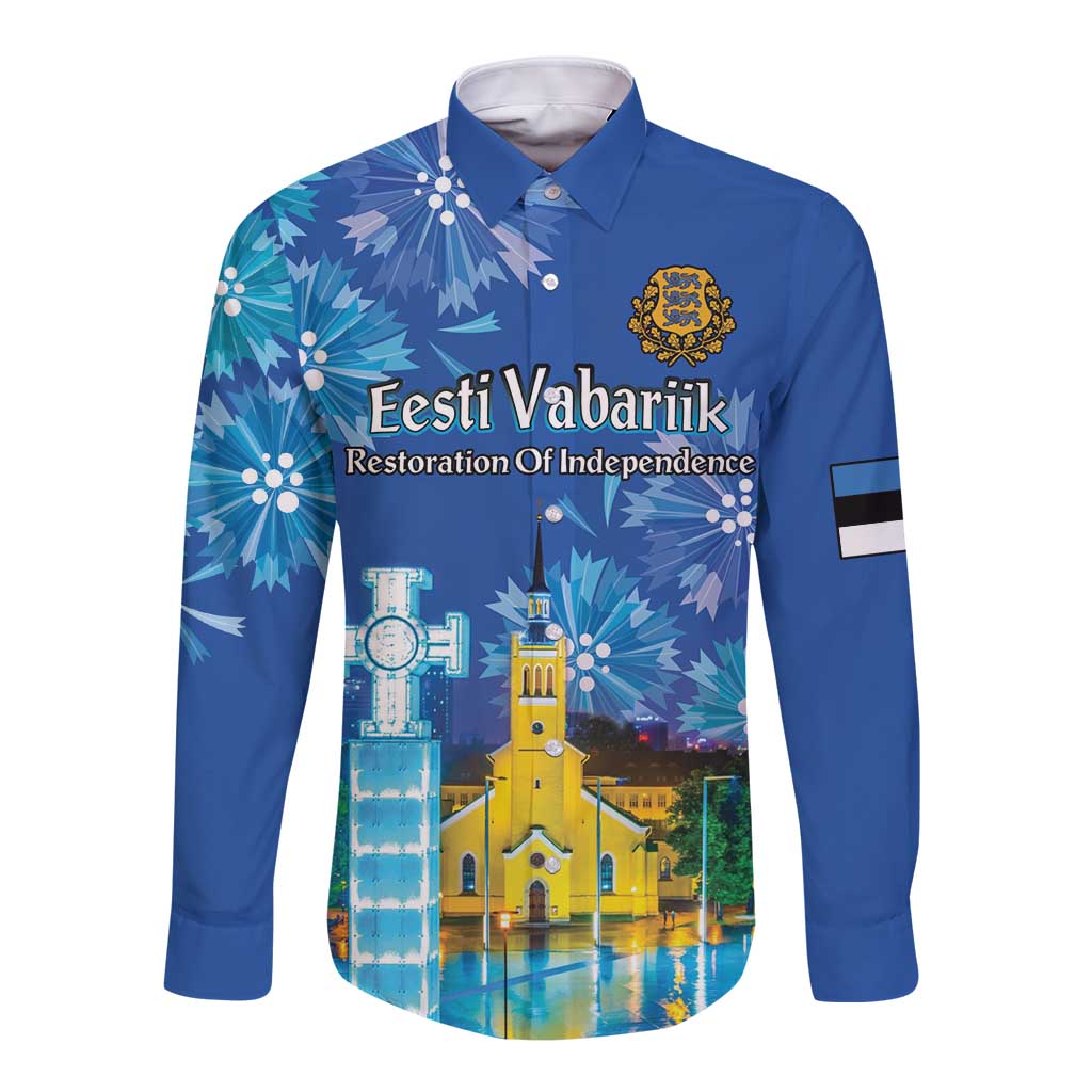 Personalized Estonian Restoration of Independence Long Sleeve Button Shirt Freedom Square Tallinn Capital