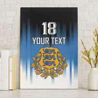 Framed blue canvas wall art with crest emblem and “Your Text” over a “18”