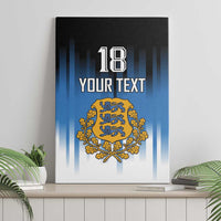 Framed blue canvas wall art featuring “18”, “Your Text”, and a gold crest emblem
