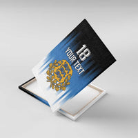 Framed blue canvas wall art shown at angle with “18”, “Your Text”, and crest emblem