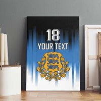 Framed blue canvas wall art with “18”, “Your Text”, and gold crest emblem in center