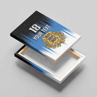 Framed blue canvas wall art on wooden backing, showing “18”, “Your Text”, and crest emblem