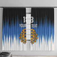 Blue and white striped window curtain panels with gold crest and custom text
