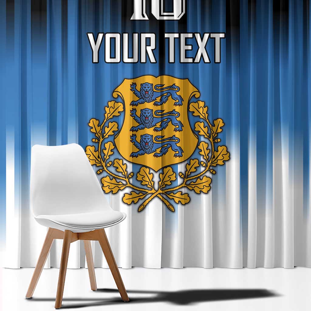 Blue and white striped curtain panels featuring gold crest and custom text