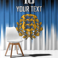 Blue and white striped curtain panels featuring gold crest and custom text