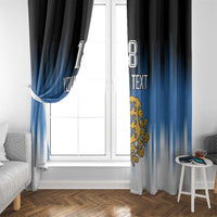Blue and white gradient window curtain panels with gold crest and custom text