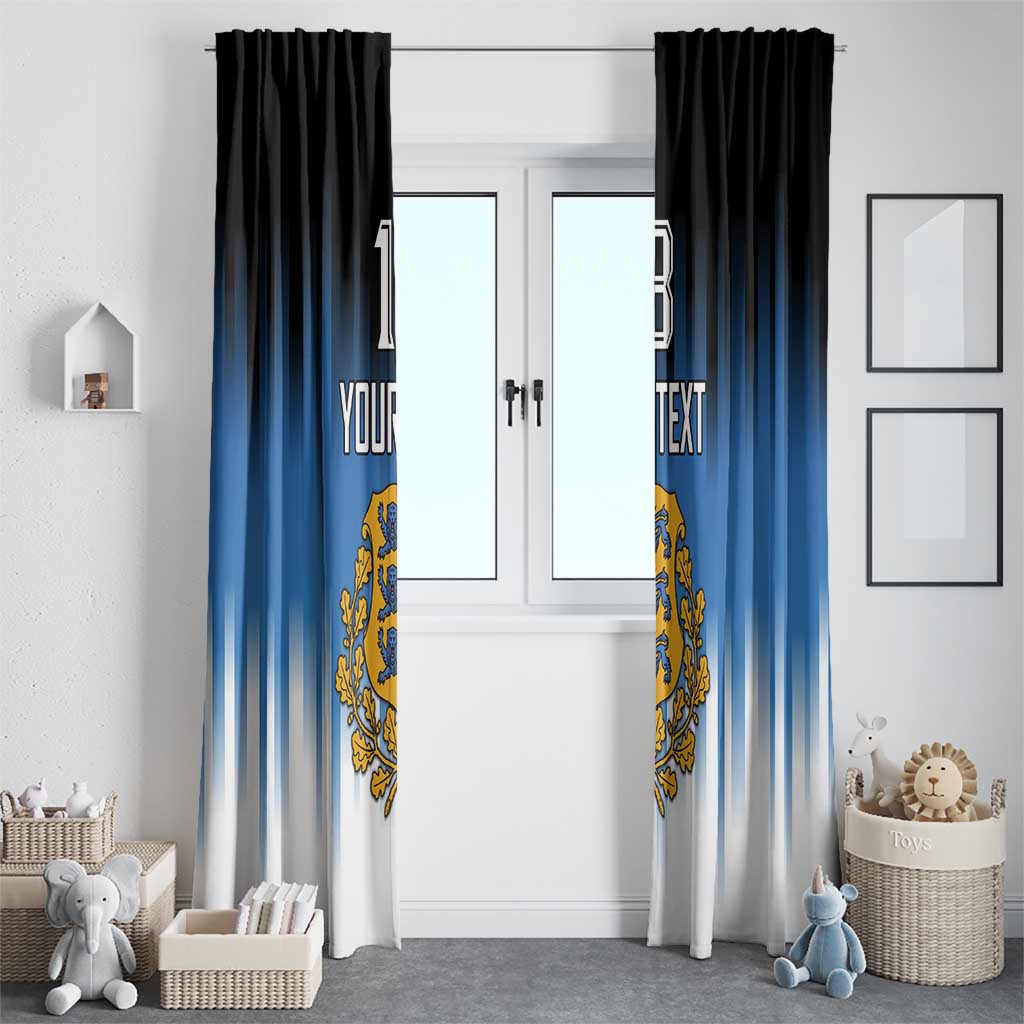 Blue and white window curtain panels with gold crest shield and custom text