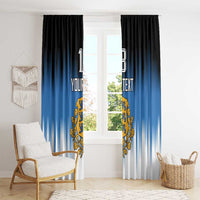 Blue and white striped window curtain panels with gold crest and custom text