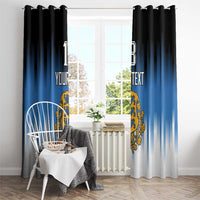 Blue and white striped window curtains with gold crest emblem and custom text